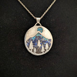 Mountain & Pines Under a Full Moon Stone Inlay in Sterling Silver Pendant