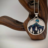 Mountain, Pine Trees & Moon Turquoise & Lapis Inlay Pendant