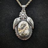 White Turquoise with Flower, Leaves and Fringe details pendant