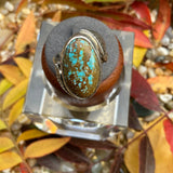 Green & Brown Number Eight Mine Oval Turquoise Wrapped with Silver Braid & Flower Ring