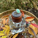 Green Oval Turquoise Wrapped with Silver Braid & Flower Ring