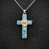 Australian Opal with Heart cutout and Turquoise Inlay Cross Pendant