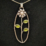 Sterling Silver Flower with Peridot Leaves & Pearl Flower Pendant