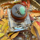 Green Oval Turquoise Wrapped with Silver Braid & Flower Ring