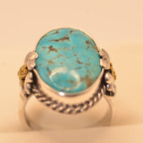 Oval Royston Turquoise Flower Ring with Gold nugget inlay