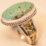 Oval Number Eight Mine Turquoise Ring with gold nugget Inlay band