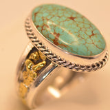 Oval Number Eight Mine Turquoise Ring with gold nugget Inlay band
