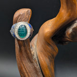 Green Glass Scarab Ring Rune Ring with Lapis Inlay