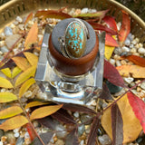 Green & Brown Number Eight Mine Oval Turquoise Wrapped with Silver Braid & Flower Ring