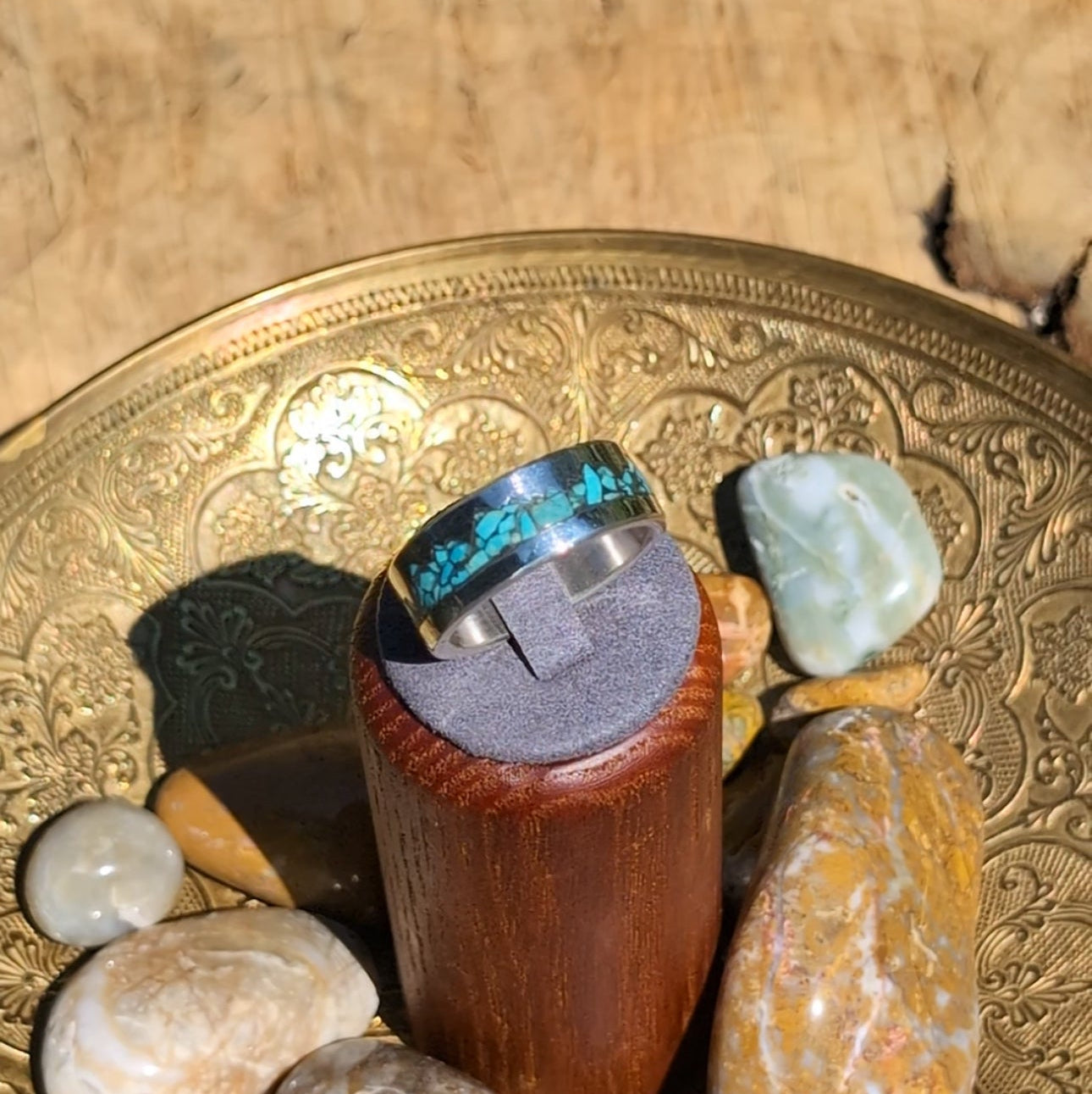 Sterling Silver Ring with Turquoise Inlay Mountain Ring on brass bowl