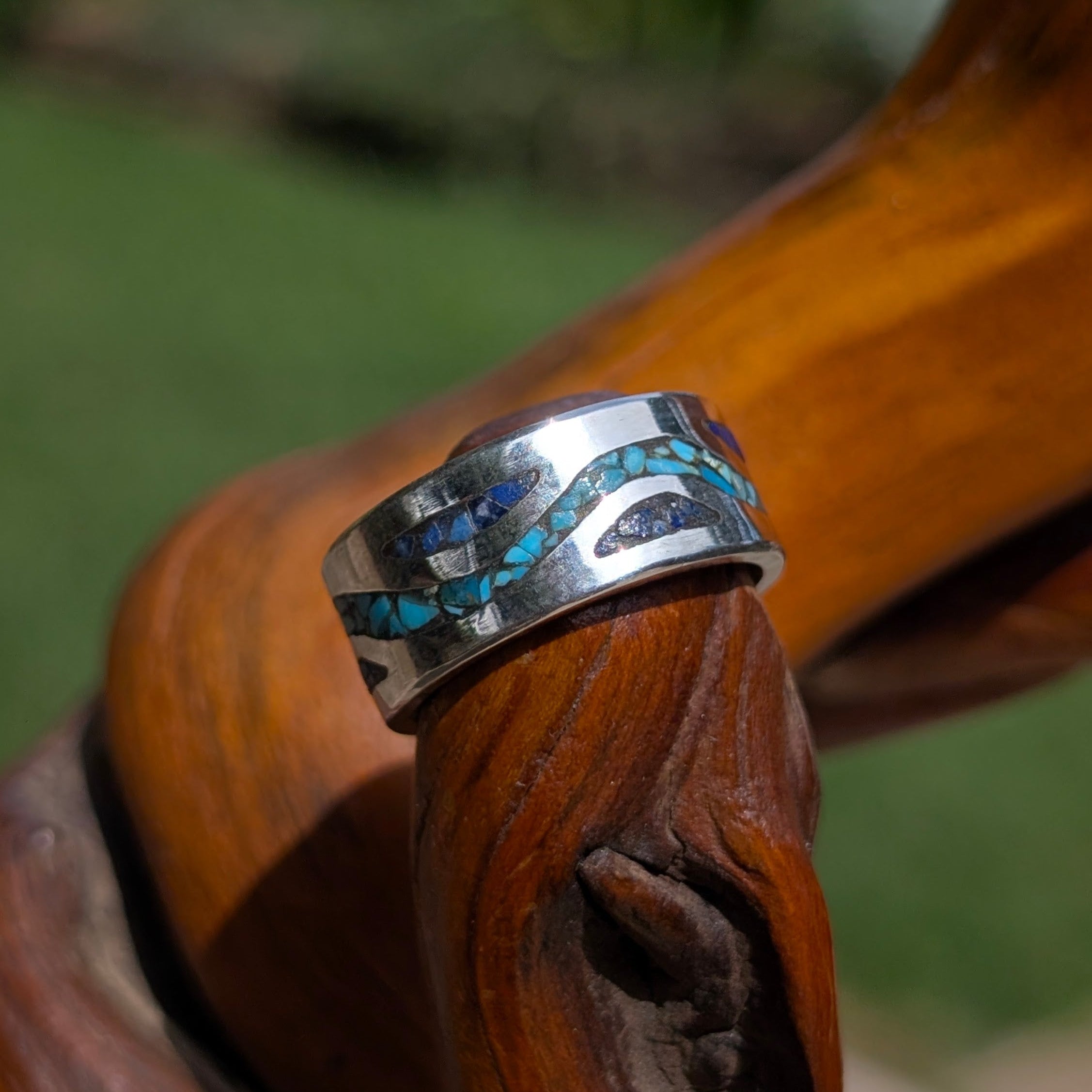 Sterling Silver Ring with Turquoise and Lapis Inlay On Wood Burl Babbling Brook