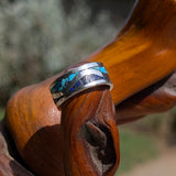 Sterling Silver Ring with Turquoise and Lapis Inlay On Wood Burl River