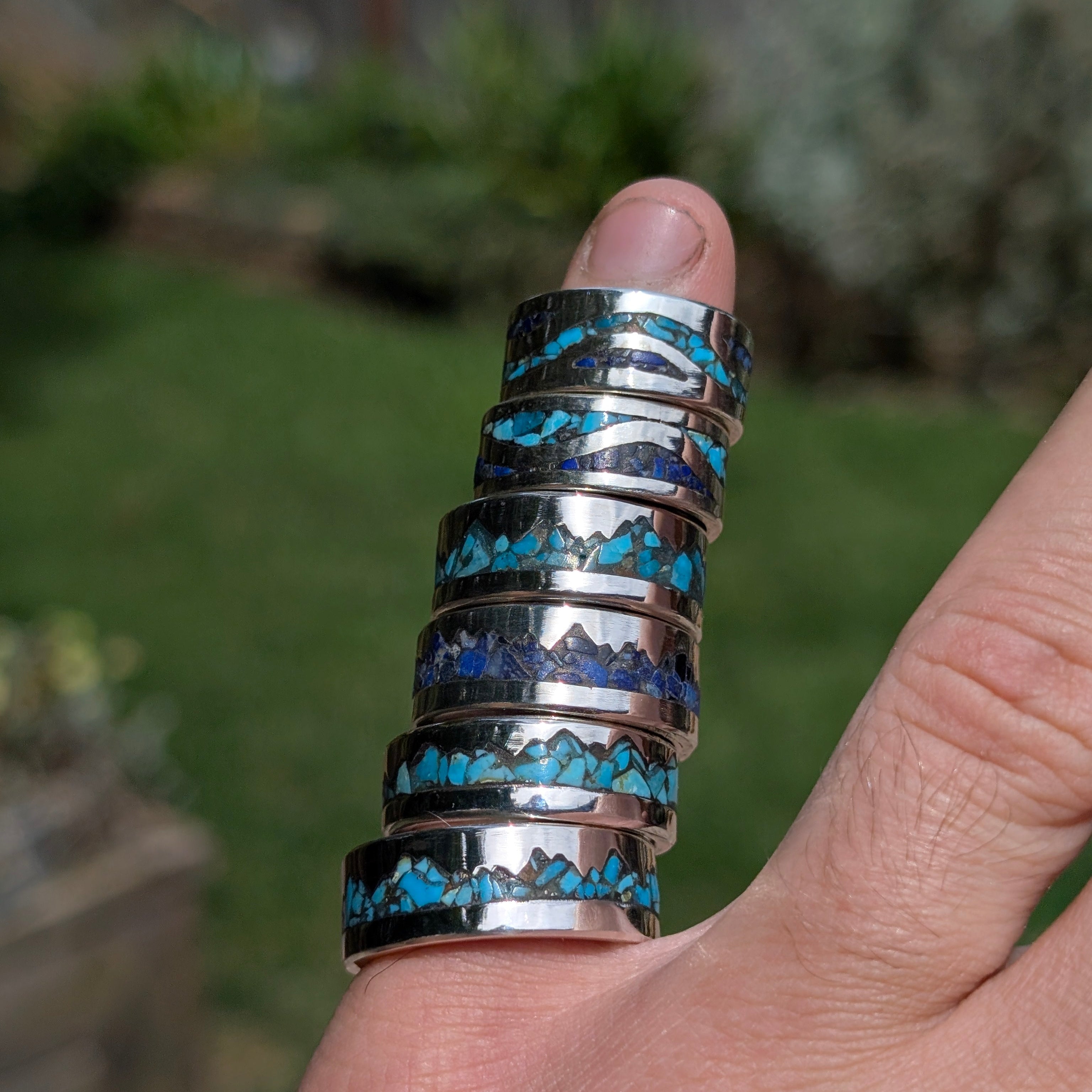 Sterling Silver Rings with Turquoise and Lapis Inlay On Finger